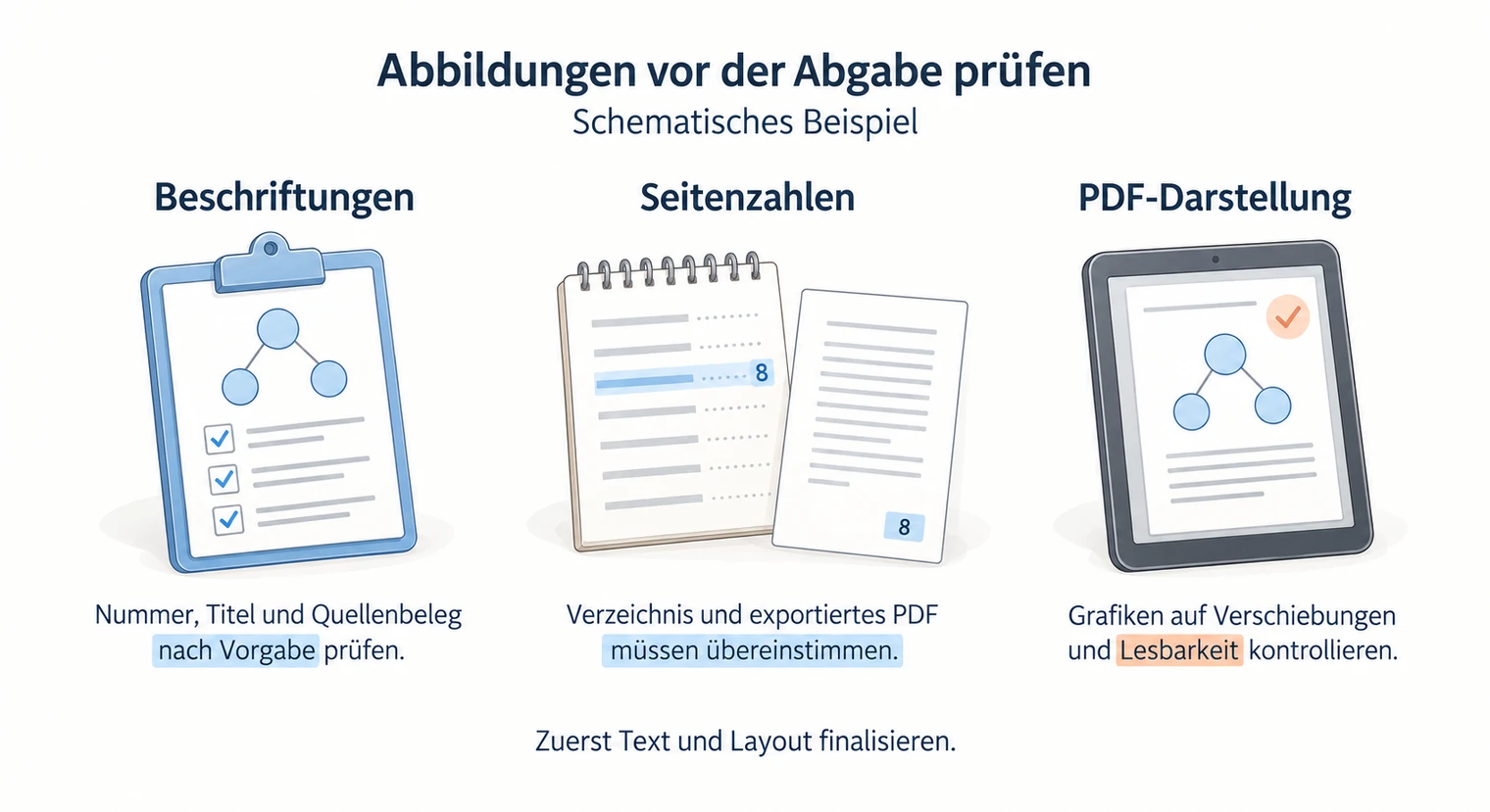 Drei Prüfpunkte für Abbildungen der Hausarbeit vor der Abgabe, Beschriftungen nach Vorgabe, Seitenzahlen wie im PDF und Lesbarkeit der Grafiken.