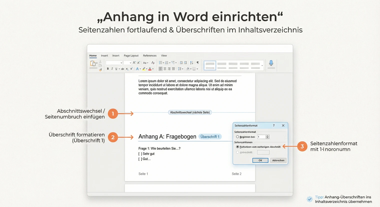 Anhang in Word einrichten (Masterarbeit): Seitenzahlen und Verzeichnis | BachelorHero