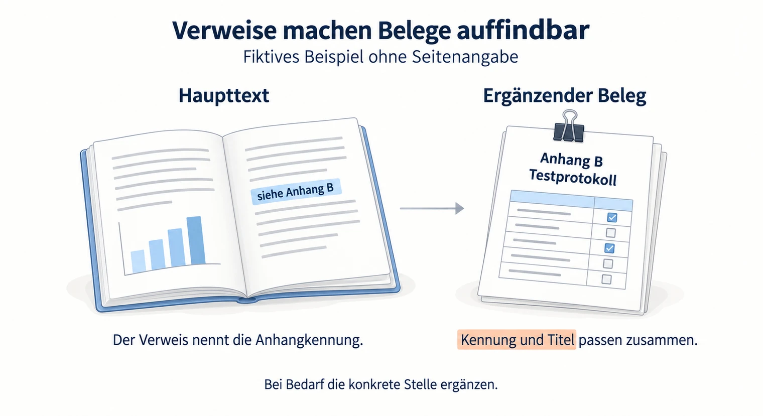 Ein Pfeil führt von „siehe Anhang B“ im Projektbericht zum Testprotokoll mit derselben Kennung im Anhang der Projektarbeit.