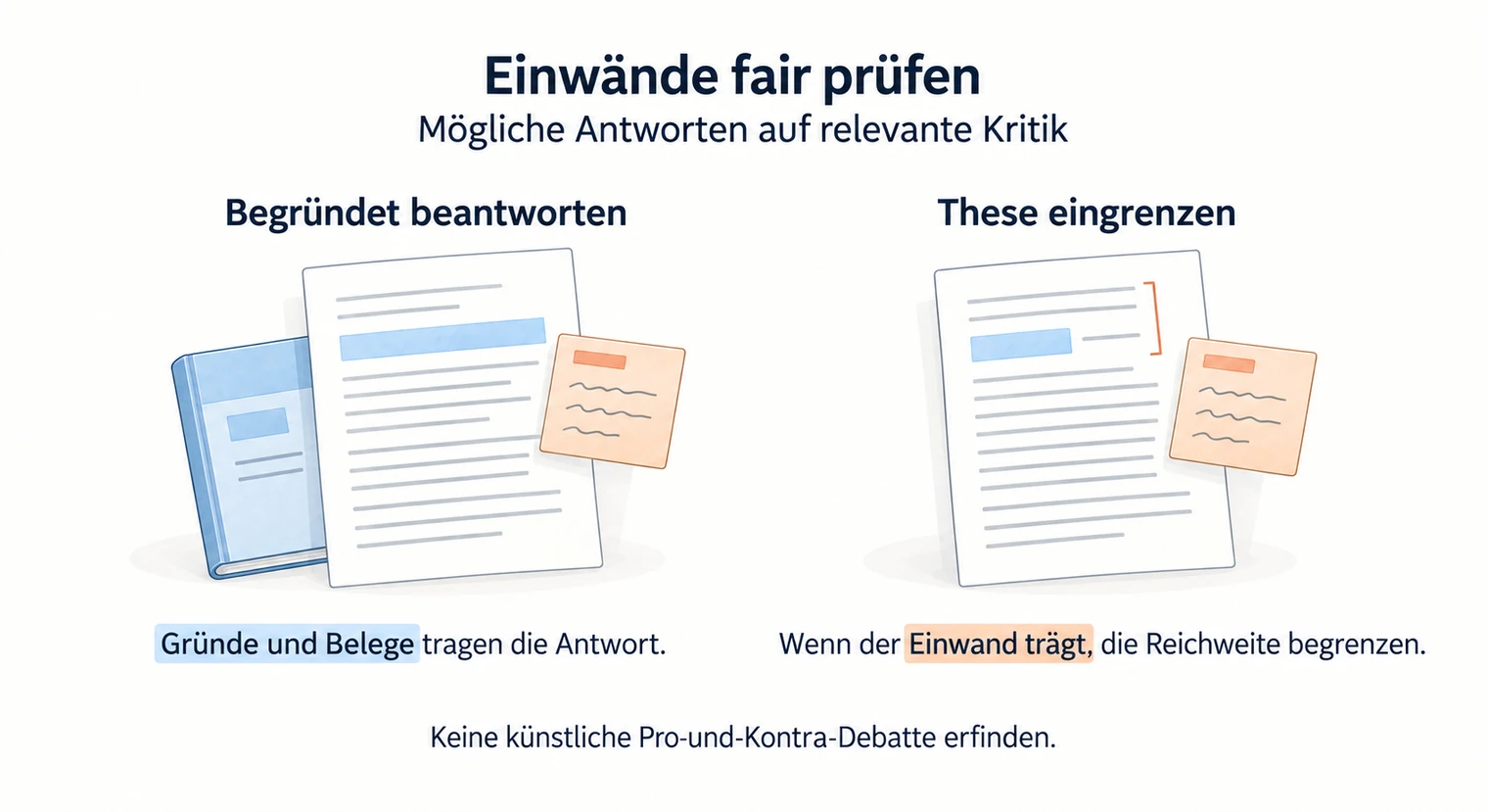 Zwei Reaktionen auf Einwände in der Argumentation der Hausarbeit, belegte Antwort oder Eingrenzung der These bei tragfähiger Kritik.