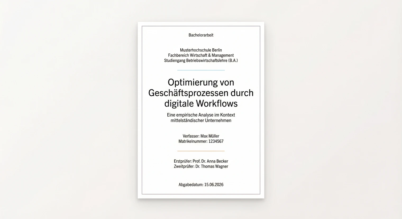 Beispiel eines Deckblatts für die Bachelorarbeit mit allen Pflichtangaben | BachelorHero