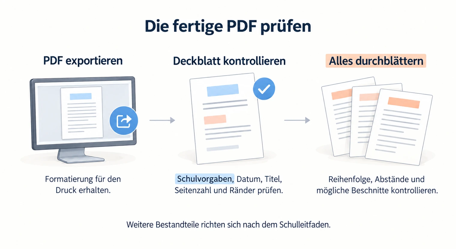 Drei Schritte zur Druckprüfung der Facharbeit mit PDF-Export, Kontrolle des Deckblatts und Durchblättern aller Seiten.