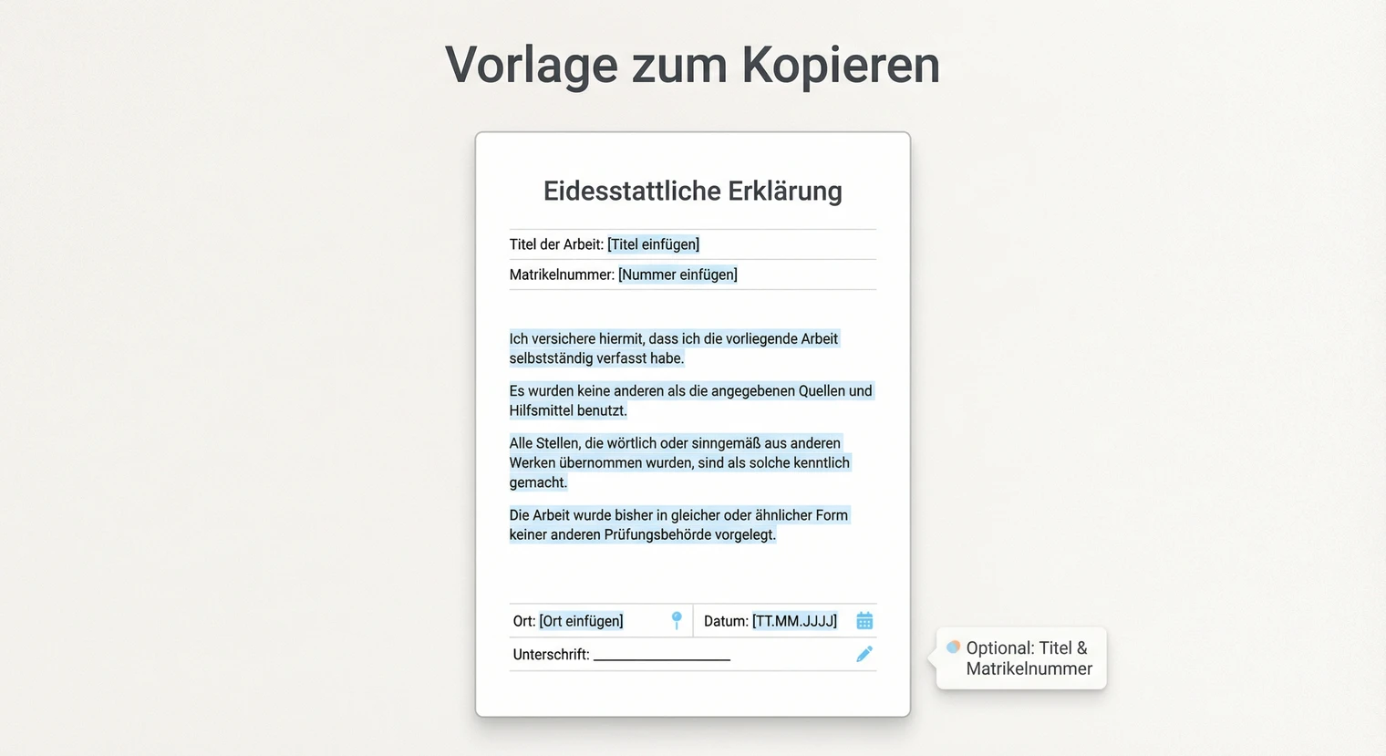 Vorlage eidesstattliche Erklärung Bachelorarbeit zum Kopieren | BachelorHero