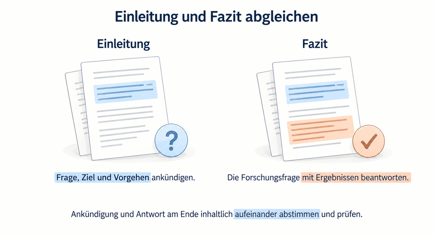 Einleitung mit Fragezeichen und Fazit mit Häkchen nebeneinander, das Fazit beantwortet die in der Hausarbeit angekündigte Forschungsfrage.