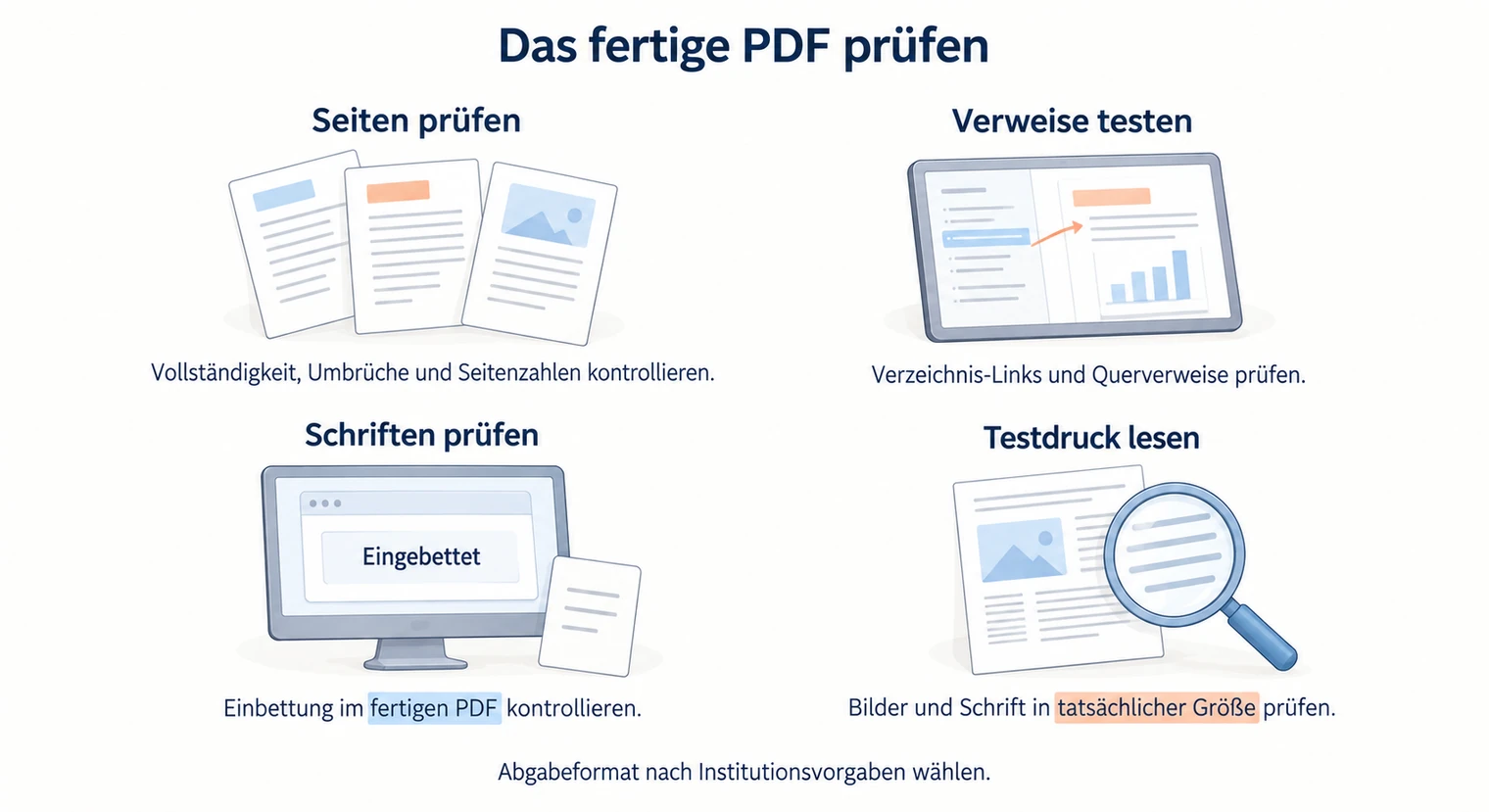 Vier Prüfpunkte für das fertige PDF der Projektarbeit, Seiten, Verweise, eingebettete Schriften und ein Testdruck in tatsächlicher Größe.
