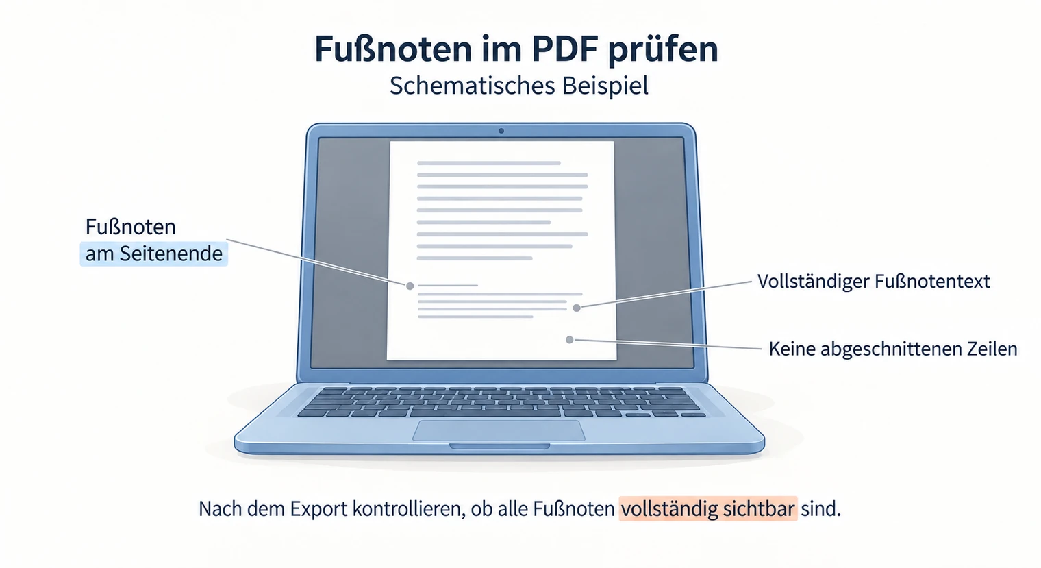 Laptop mit exportierter PDF-Seite der Hausarbeit, Hinweise prüfen Fußnoten am Seitenende auf vollständigen Text ohne abgeschnittene Zeilen.