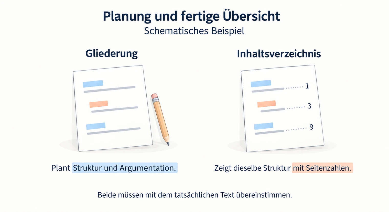 Zwei Blätter vergleichen die Gliederung einer Hausarbeit mit dem Inhaltsverzeichnis, das denselben Kapiteln Seitenzahlen zuordnet.