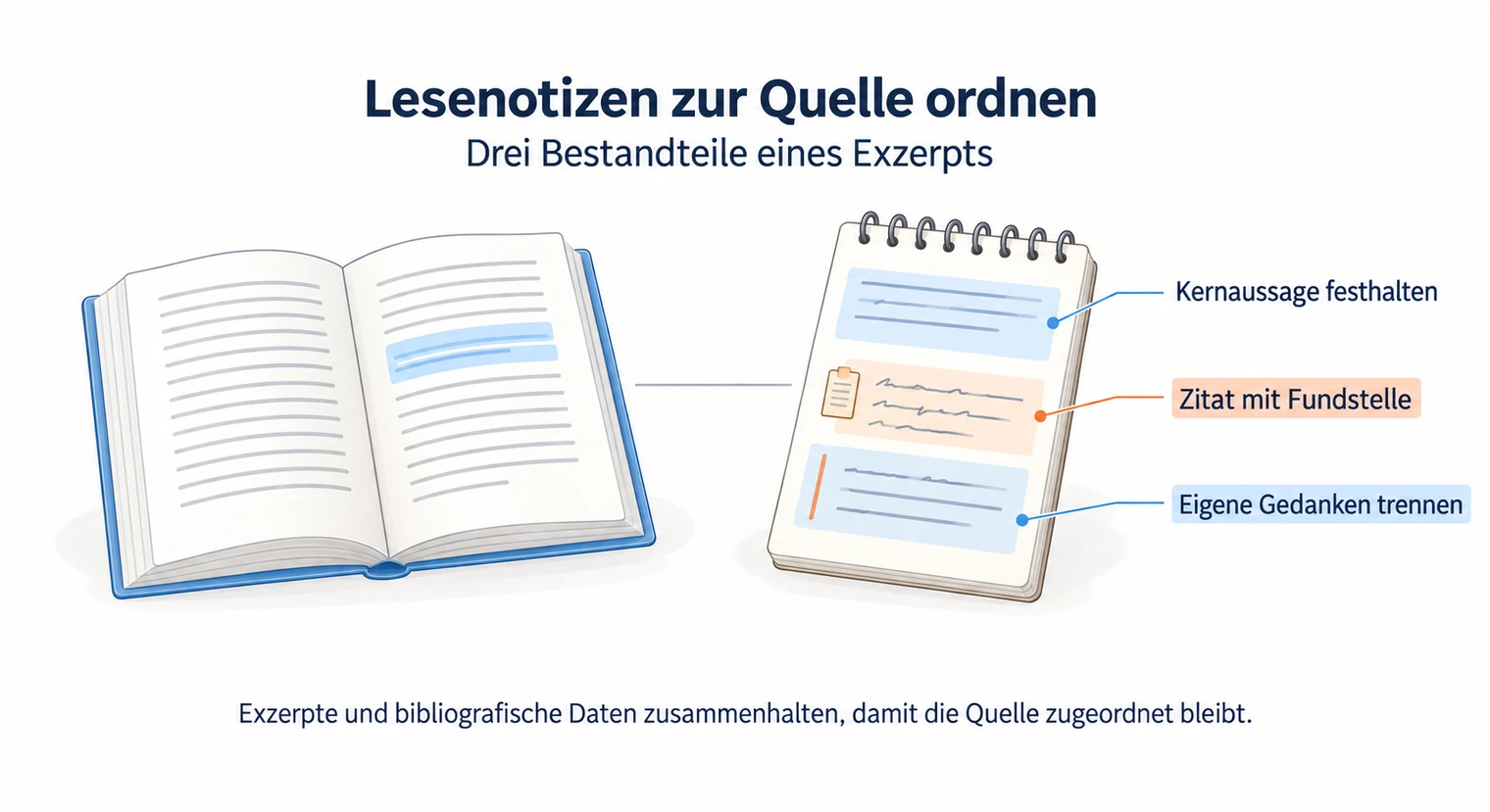 Buch und Notizblock zeigen ein Exzerpt zur Hausarbeit mit getrennten Feldern für Kernaussage, Zitat samt Fundstelle und eigene Gedanken.