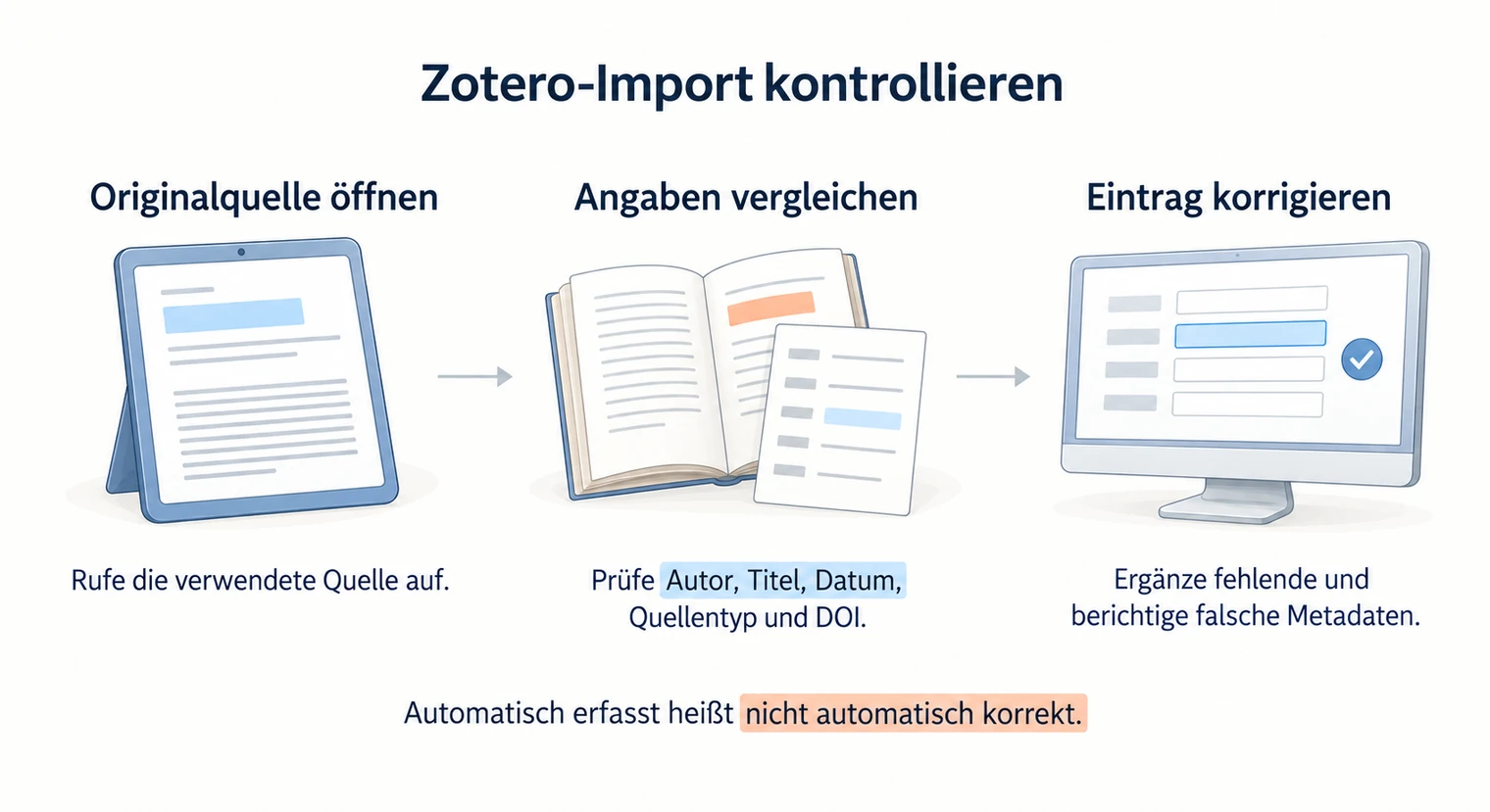 Drei Stationen zum Literaturverzeichnis der Projektarbeit zeigen Originalquelle, Datenvergleich und korrigierten Zotero-Eintrag.