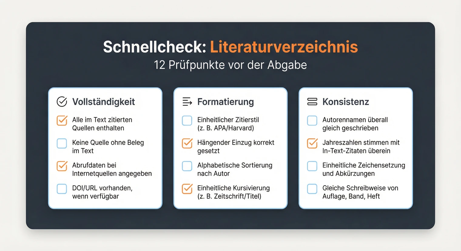Schnellcheck für das Literaturverzeichnis der Seminararbeit: Checkliste vor der Abgabe | BachelorHero