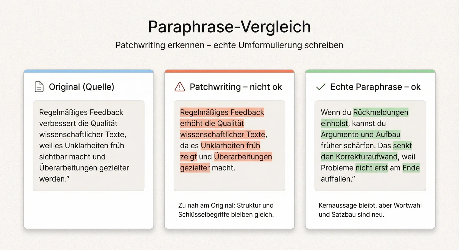 Richtig paraphrasieren: Beispiel für Patchwriting vs. echte Paraphrase | BachelorHero