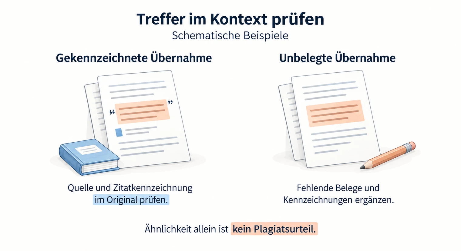 Zwei Textseiten zur Plagiatsprüfung der Projektarbeit vergleichen ein belegtes Zitat mit einer unmarkierten Übernahme, Ähnlichkeit ist kein Urteil.