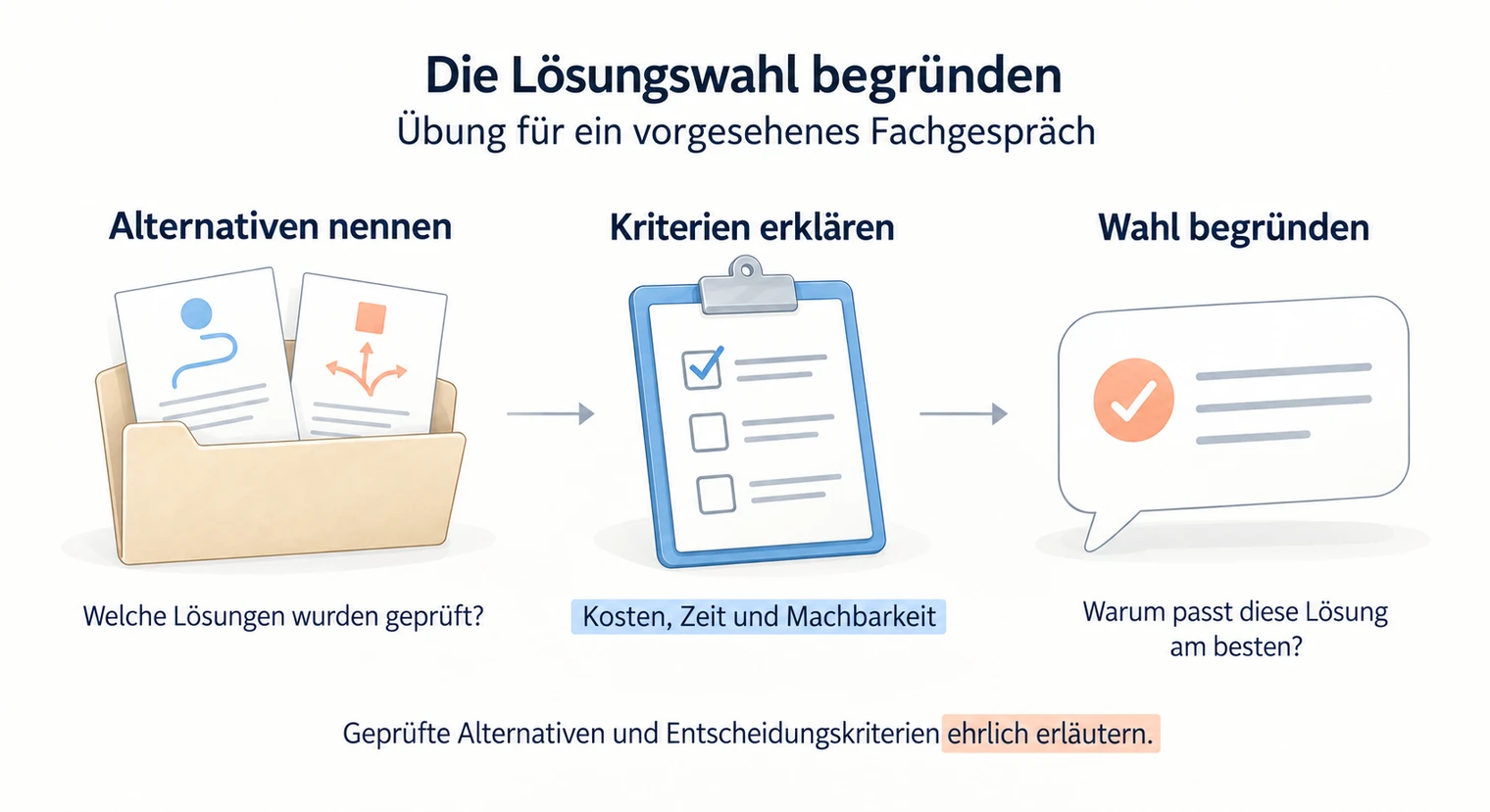 Dreischritt für das Fachgespräch zur Projektarbeit, Alternativen nennen, Kriterien zu Kosten, Zeit und Machbarkeit erklären, Wahl begründen.
