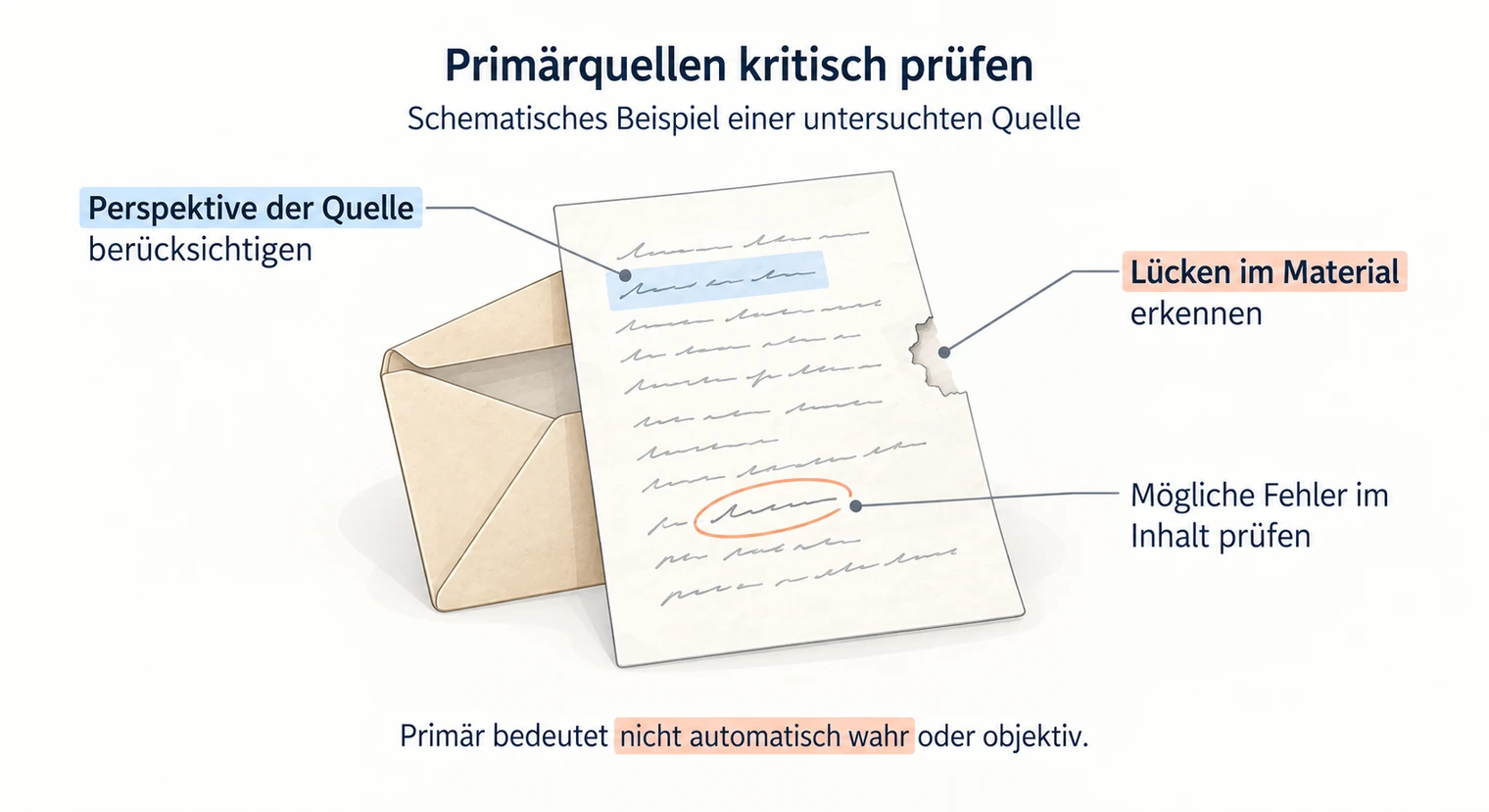 Handschriftlicher Brief mit Umschlag als Beispiel, Primärquellen kritisch auf Perspektive, Lücken im Material und mögliche Fehler zu prüfen.