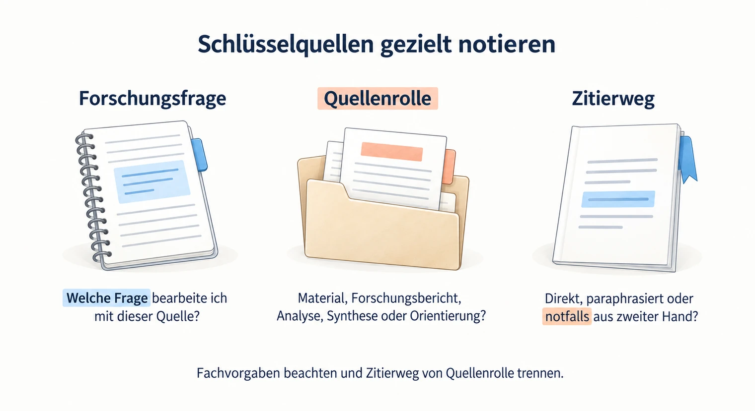 Drei Notizfelder für Schlüsselquellen der Hausarbeit, Forschungsfrage, Quellenrolle und Zitierweg, wobei Rolle und Zitierweg getrennt bleiben.
