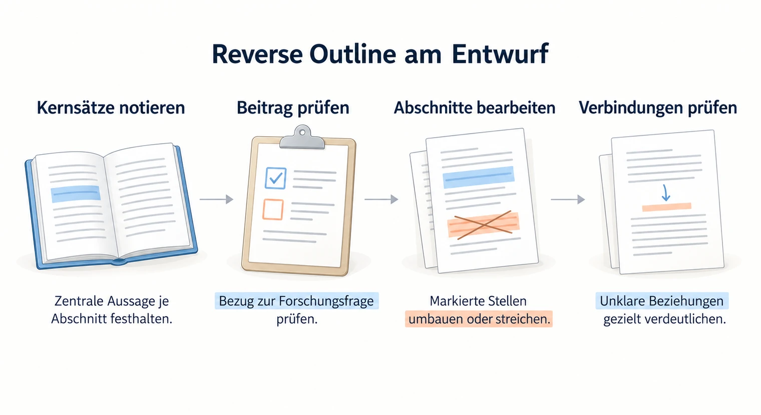 Reverse Outline in vier Schritten zum roten Faden der Hausarbeit mit Kernsätzen, Beitragsprüfung, Überarbeitung und Verbindungskontrolle.