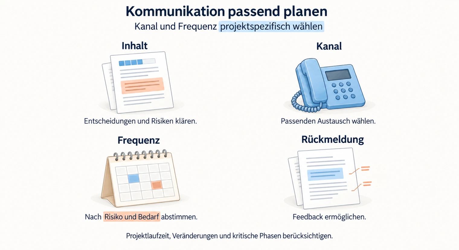 Vier Bausteine im Kommunikationsplan zur Stakeholderanalyse der Projektarbeit, Inhalt, Kanal, Frequenz und Rückmeldung nach Projektbedarf.
