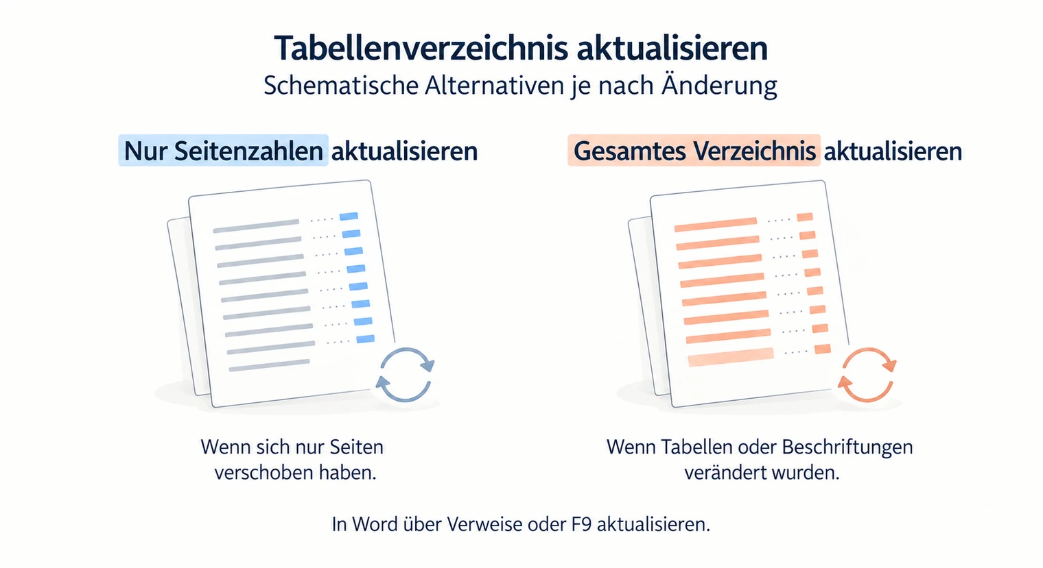 „Nur Seitenzahlen“ bei verschobenen Seiten und „Gesamtes Verzeichnis“ bei geänderten Tabellen oder Beschriftungen, aktualisiert per F9.