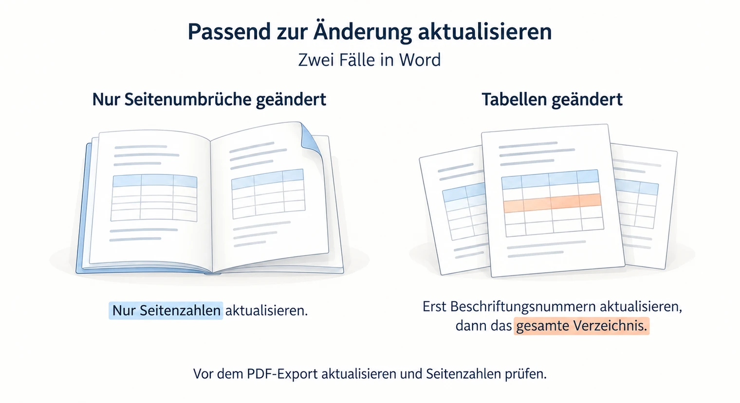 Word-Vergleich zum Tabellenverzeichnis der Projektarbeit, bei Tabellenänderungen erst Nummern, dann gesamte Liste, bei Umbrüchen nur Seitenzahlen.