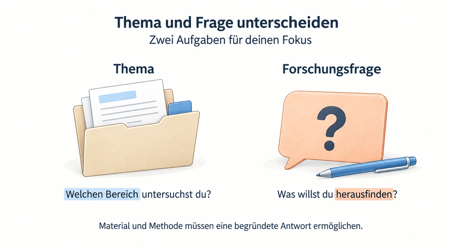 Mappe und Fragezeichen unterscheiden Thema und Forschungsfrage der Hausarbeit als Untersuchungsbereich und gesuchtes Wissen.