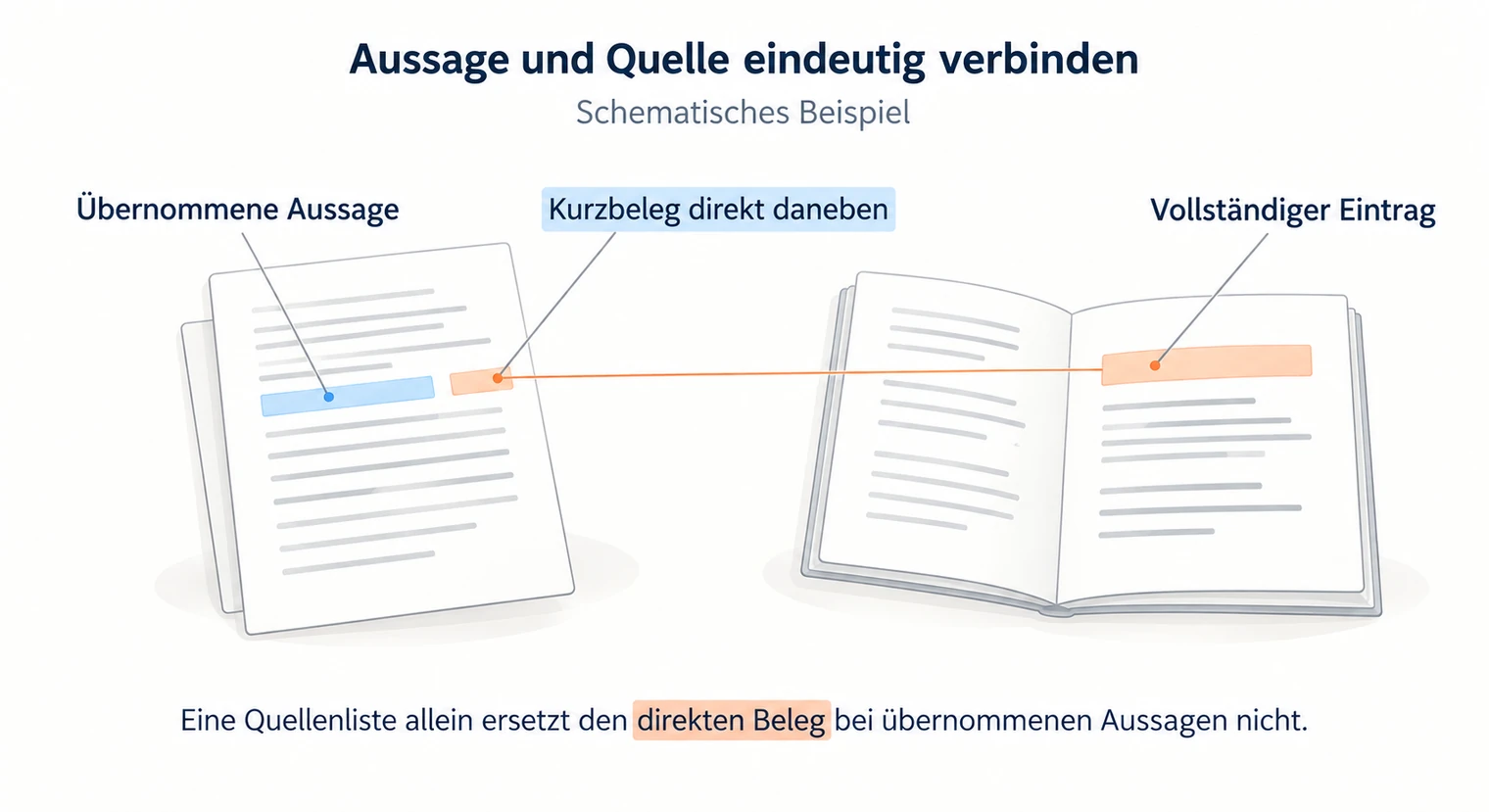 Verbindungslinie vom Kurzbeleg an einer Aussage zum vollständigen Quelleneintrag zeigt die Quellenzuordnung im Thesenpapier zur Hausarbeit.