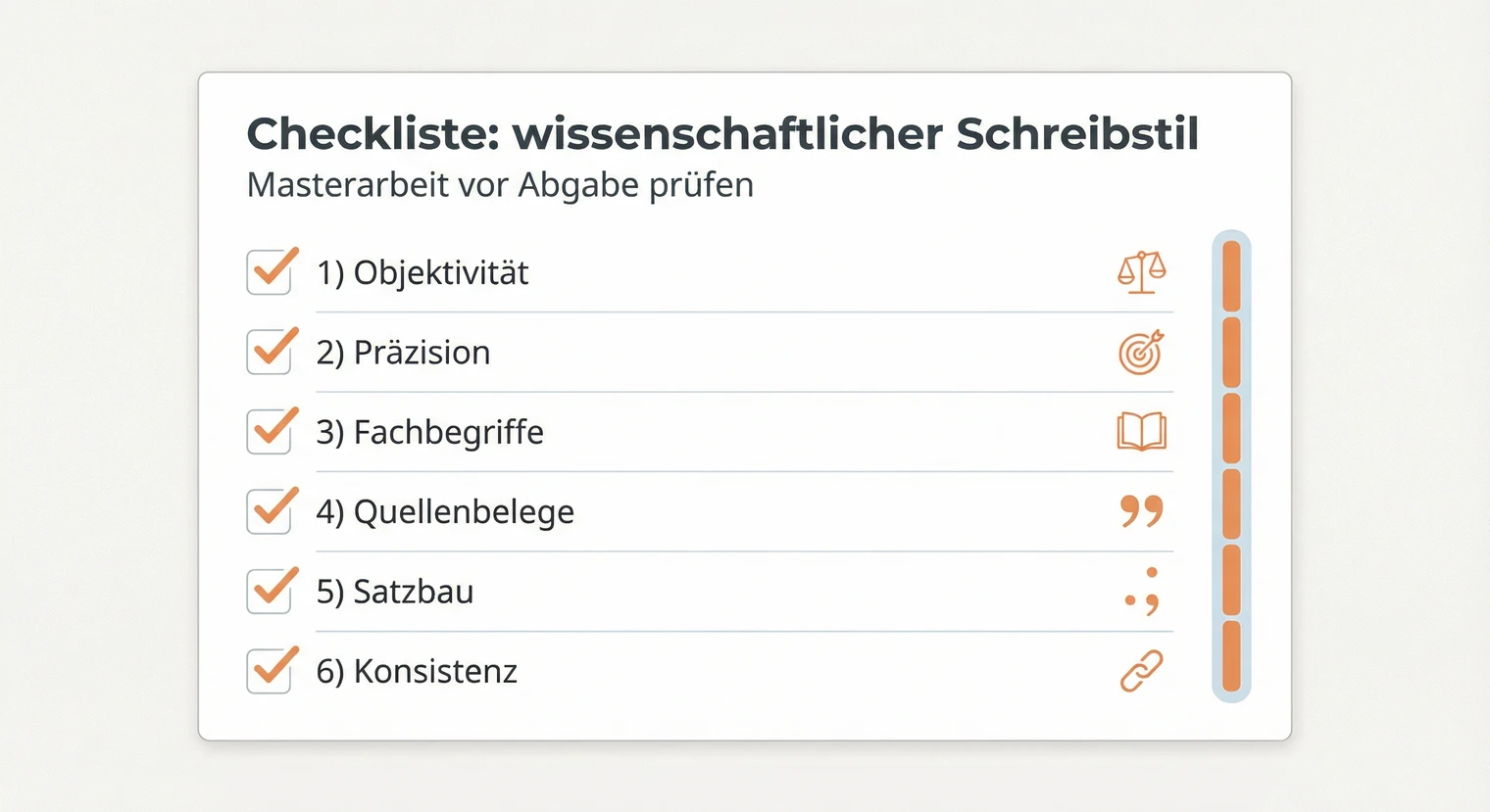Schnellcheck für wissenschaftlichen Stil in der Masterarbeit: Prüffragen | BachelorHero
